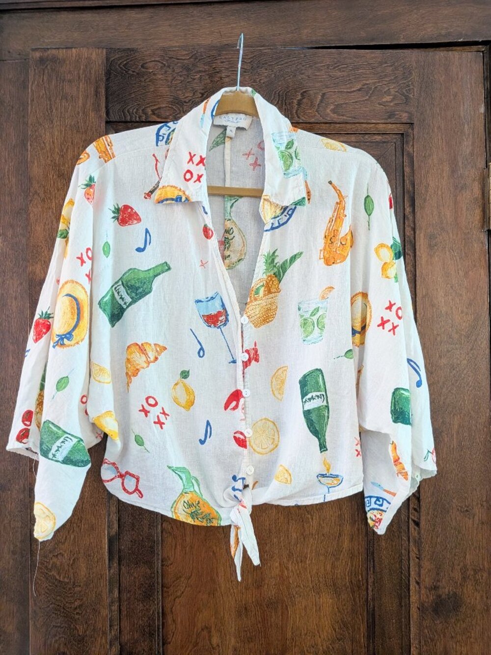 Calypso St. Barth Beach French Picnic Lobster Linen Blend Cropped Shirt XL